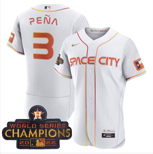 Men's Houston Astros #3 Jeremy Peña White With 2022 World Serise Champions Patch Stitched Baseball Jersey Men's Houston Astros #3 Jeremy Peña White With 2022 World Serise Champions Patch Stitched Baseball Jersey